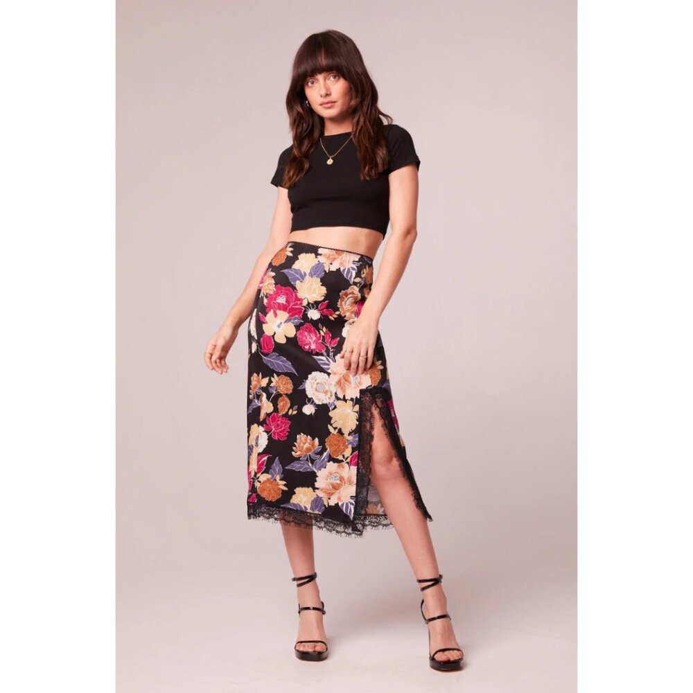 Band Of The Free Dark Floral Midi Skirt With Lace Trim Silky NWT